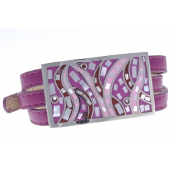 Bracelet acier - émail - nacre - cuir violet - 3 rangs de 0,8cm réglable