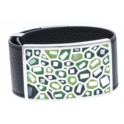Bracelet acier - émail - nacre - cuir noir - largeur 3cm - longueur 23,5cm