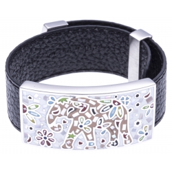 Bracelet acier - émail - nacre - cuir noir - largeur 2 cm - longueur 23,5cm