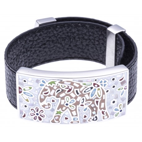 Bracelet acier - émail - nacre - cuir noir - largeur 2 cm - longueur 23,5cm