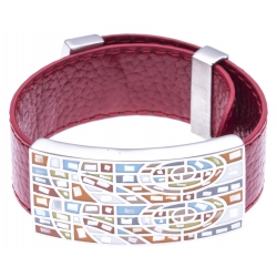 Bracelet acier - émail - nacre - cuir rouge - largeur 2 cm - longueur 23,5cm