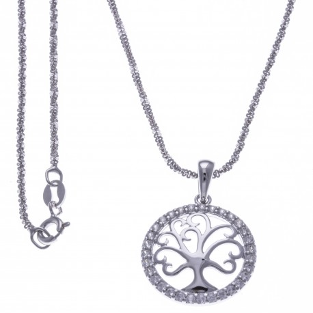 Collier argent rhodié 3,5g - "arbre de vie" - zircons - 40cm