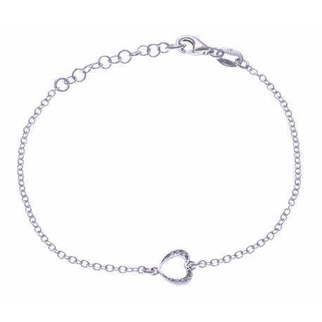 Bracelet argent rhodié 1,9g - coeur - zircons - 17+3cm