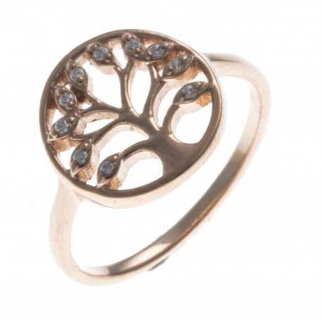 Bague argent rhodié 2,1g - arbre - rosé - zircons - T50 à 60