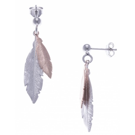 Boucles d'oreille argent rhodié 2,2g - 2 tons - plumes rhodiée et rosé - 3cm