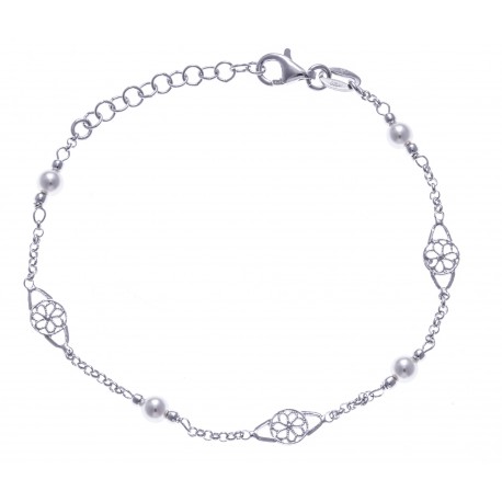 Bracelet argent rhodié 2,3g - perles synthétiques et filigranes - 17+3cm