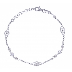 Bracelet argent rhodié 2,4g - boules, cristaux et filigranes - 17+3cm