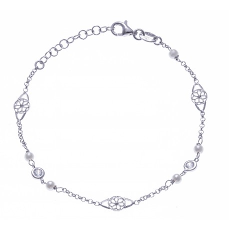 Bracelet argent rhodié 2,4g - boules, cristaux et filigranes - 17+3cm