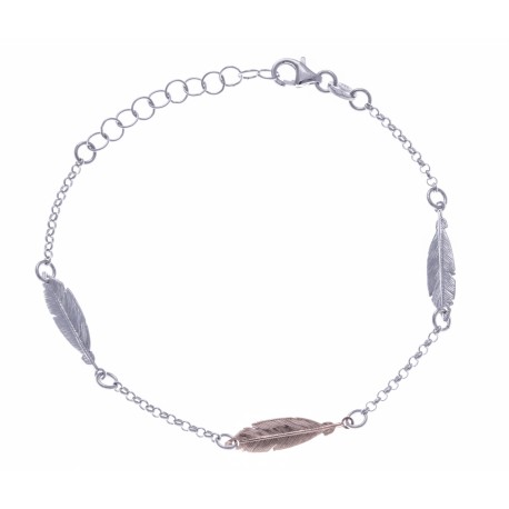 Bracelet argent rhodié 2,4g - 3 plumes 2 tons - rodié - rosé - 17+3cm