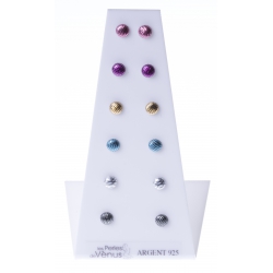 Présentoir 6 bos argent rhodié 2,4g - demi boules multicolores 6 mm