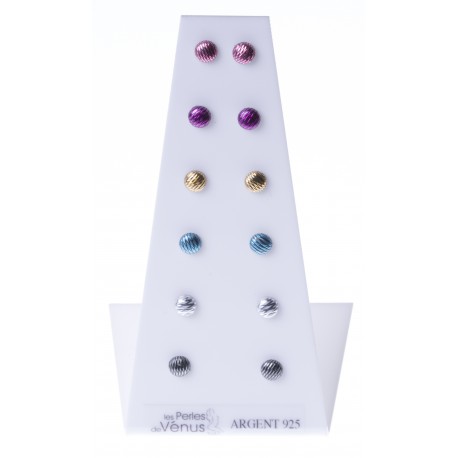 Présentoir 6 bos argent rhodié 2,4g - demi boules multicolores 6 mm