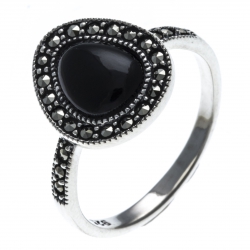 Bague argent rhodié 2,5g - marcassites - onyx - T50 à 60