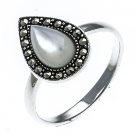 Bague argent rhodié 2,5g - marcassites - nacre blanche - T50 à 60