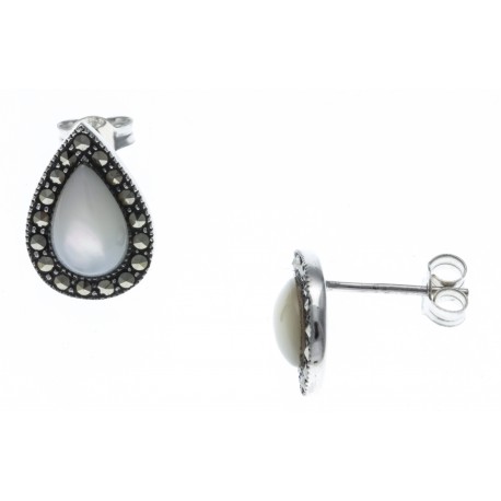 Boucles d'oreille argent rhodié 2,5g - marcassites - nacre blanche