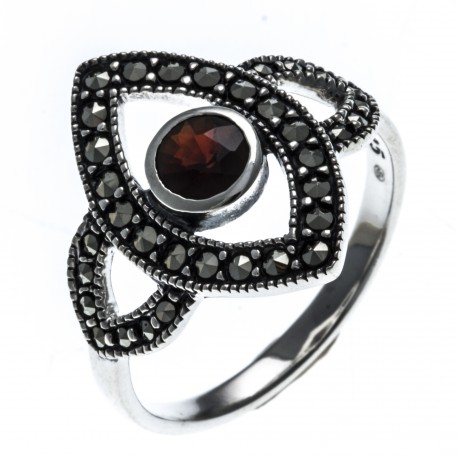 Bague argent rhodié 2,6g - marcassites - grenat véritable - T 50 à 60