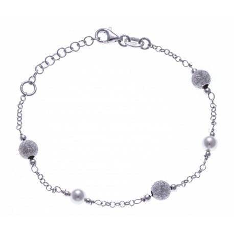Bracelet argent rhodié 3g - boules diamantées et perles synthétiques - 17+3cm