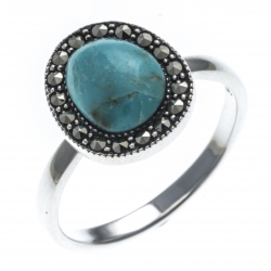 Bague argent rhodié 2,9g - marcassites - turquoise véritable - T 50 à 60