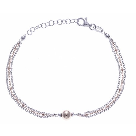 Bracelet argent rodié 3g - 2 tons rosé et rhodié - 3 fils + boule - 17+3cm