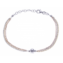 Bracelet argent rodié 3g - 3 tons rosé, doré et rhodié - 3 fils + boule - 17+3cm