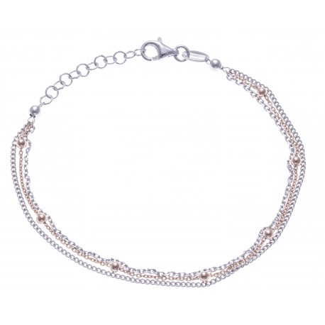 Bracelet argent rodié 3g - 2 tons rosé et rhodié - 3 fils + boule - 17+3cm