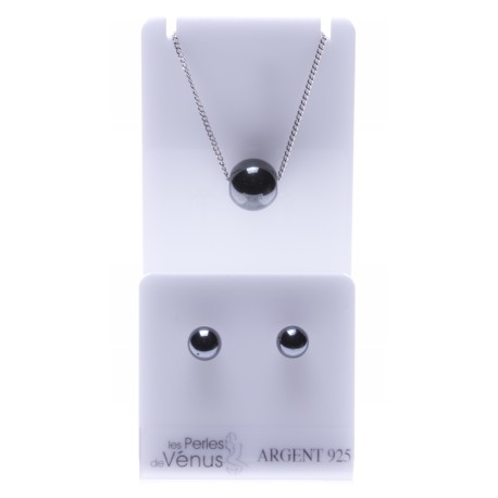 Set argent rhodié 3g collier 40+5cm - boucles d'oreille hématite