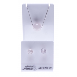 Set argent rhodié 3g collier 40+5cm - boucles d'oreille quartz rose