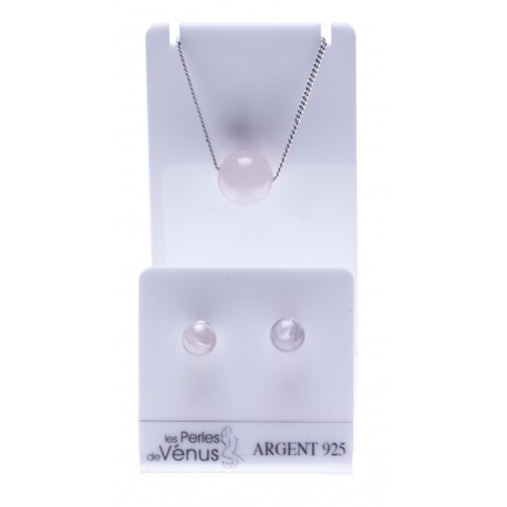 Set argent rhodié 3g collier 40+5cm - boucles d'oreille quartz rose