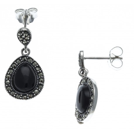 Boucles d'oreille argent rhodié 3,9g - marcassites - onyx