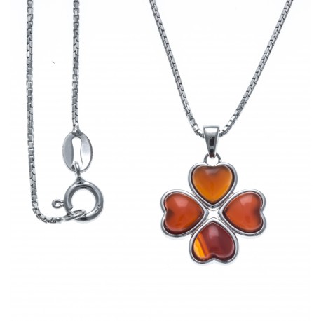 Collier argent rhodié 4g - trèfle - cornaline rouge - 40 cm