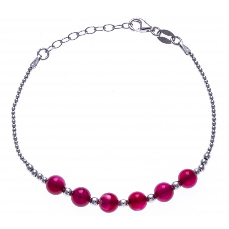 Bracelet argent rhodié 4,2g - 6 billes agathe fushia 6mm - 17+3cm