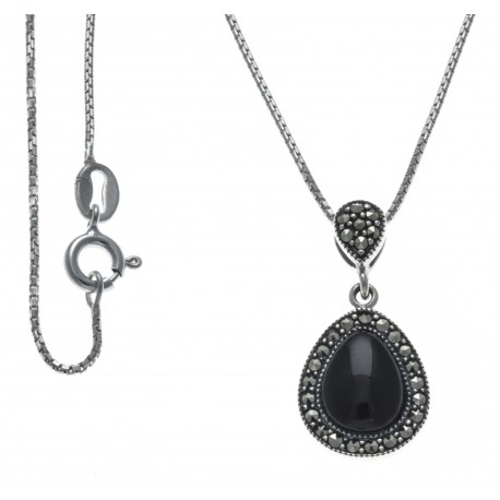 Collier argent rhodié 4,2g - marcassites - onyx - 40cm