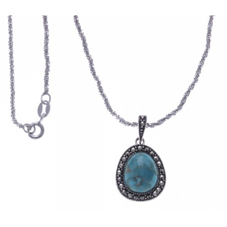 Collier argent rhodié 4,4g - marcassites - turquoise reconstituée - 40 cm