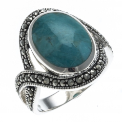 Bague argent rhodié 6,4g - marcassites - turquoise véritable - T 50 à 60