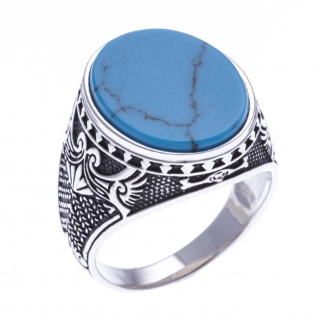 Bague argent rhodié  7,8g -  2 tons -Turquoise bleue synthétique - T56 à 70