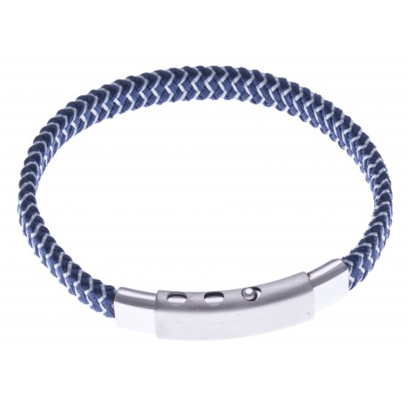 Bracelet acier homme - cuir bleu foncé et blanc - largeur 0,8cm -  réglable 20-21,5cm