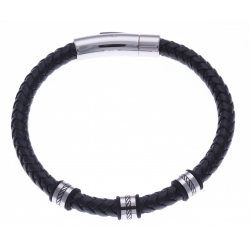 Bracelet acier homme - 2 tons - cuir diam. 6mm - 3 composants - 21cm