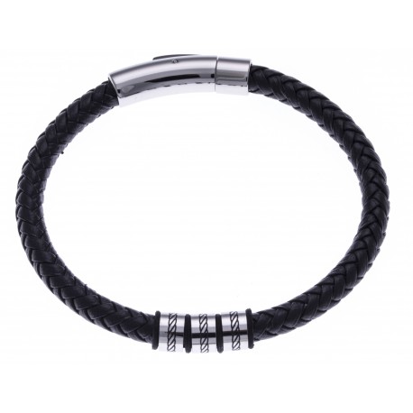 Bracelet acier homme - 2 tons - cuir diam. 6mm - 3 composants - 21cm