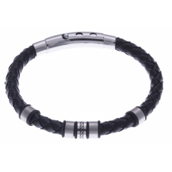 Bracelet acier homme - 2 tons - cuir diam. 6mm - 5 composants - réglable 20-21,5cm