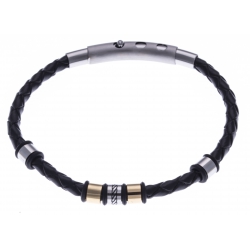 Bracelet acier homme - 2 tons - cuir diam. 4mm - 5 composants - réglable 20-21,5cm