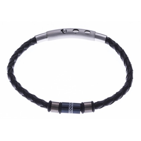 Bracelet acier homme - 2 tons - cuir diam. 4mm - 3 composants - réglable 20-21,5cm