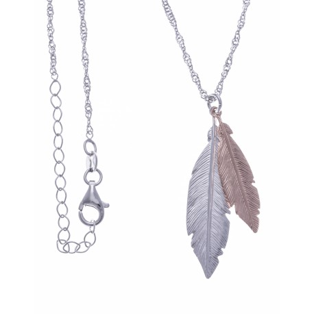 Collier argent rhodié 4g - 2 tons - plumes rhodiée et rosé - 40+5cm