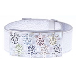 Bracelet acier - nacre - émail - cuir blanc - largeur 2cm - longueur 23,5cm