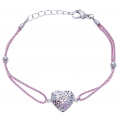 Bracelet acier - nacre - émail - coton rose - 17+3cm