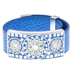 Bracelet acier - nacre - émail - cuir bleu - largeur 2cm - longueur 23,5cm