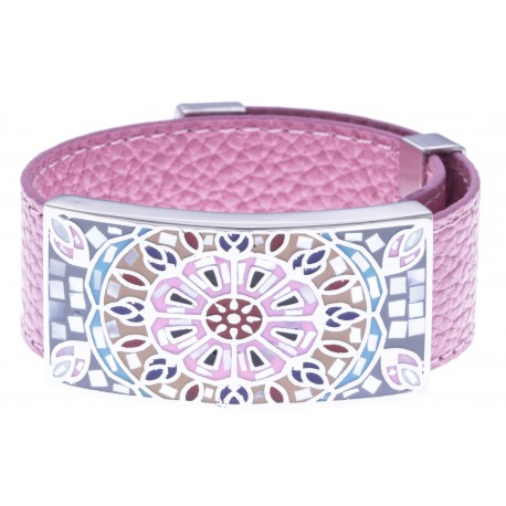 Bracelet acier - nacre - émail - cuir rose - largeur 2cm - longueur 23,5cm