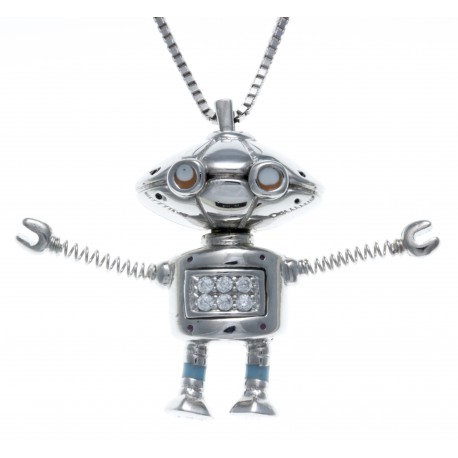 CHIKIBOT - Chikifriendz n°1 - Collier argent rhodié 7,3g - émail - maille vénitienne - oxydes de zirconium - 50cm