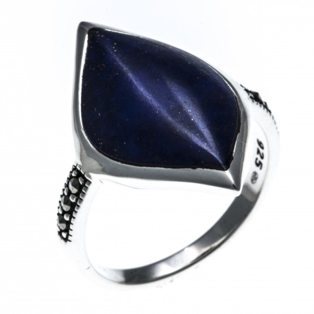 Bague argent rhodié 3g - lapis lazuli - marcassites - T52 à 60