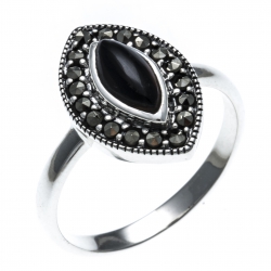 Bague argent rhodié 2,8g - ONYX - marcassites - T50 à 60