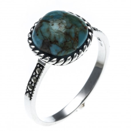 Bague argent rhodié 2g - marcassites - turquoise véritable - T50 à60