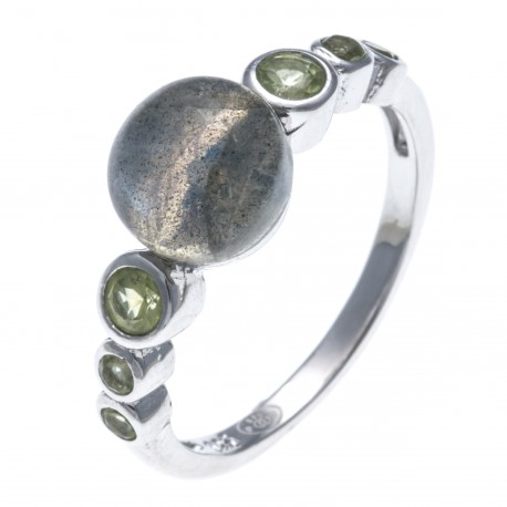 Bague argent rhodié 2,1g -  labradorite - péridot - T50 à 60